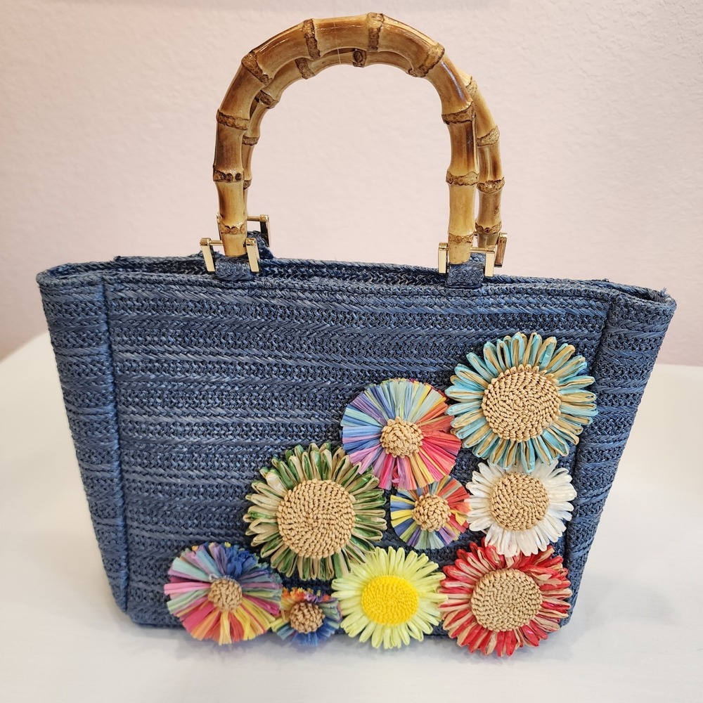 Haute Hippie Women's Straw Raffia Bag Purse With Gold Tone Chain Retro Ladylike